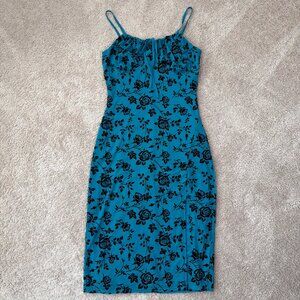 Inspired Hearts Dress Womens M Teal Mesh Velvet Rose Babydoll Milkmaid Y2K Midi